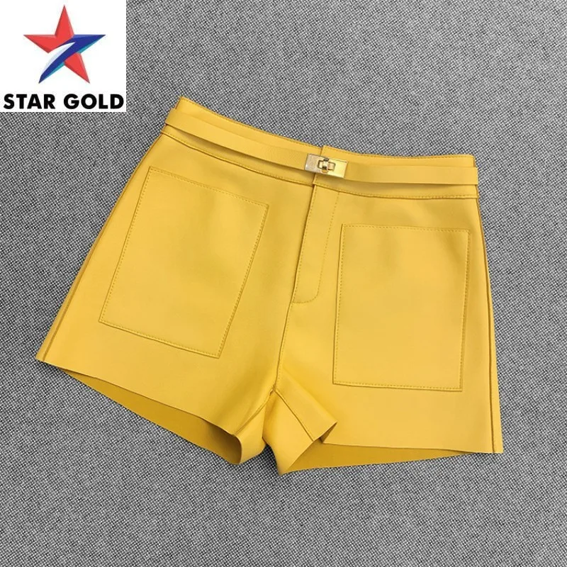 

Genuine Leather Women High Street Solid Color Sheepskin Belt Slim Fit Straight Sexy Mini Trousers Pockets Cargo Shorts