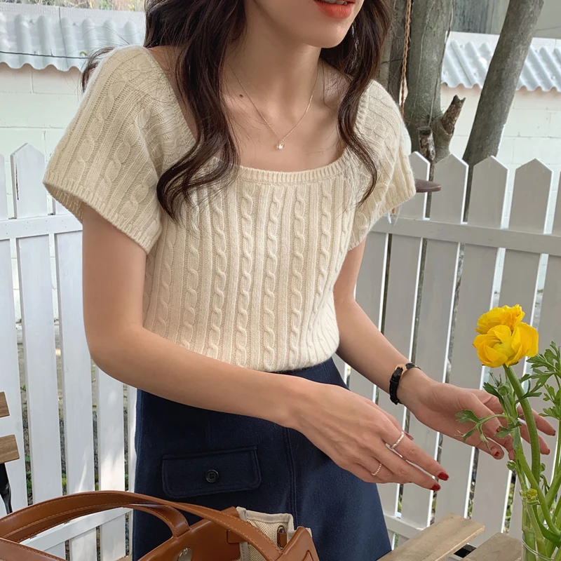 

Women's Clothing Casual Korean Knitting Sweater Square Neck Short Sleeve Vintage Simplicity Fashion Baggy Ladies Tops Summer