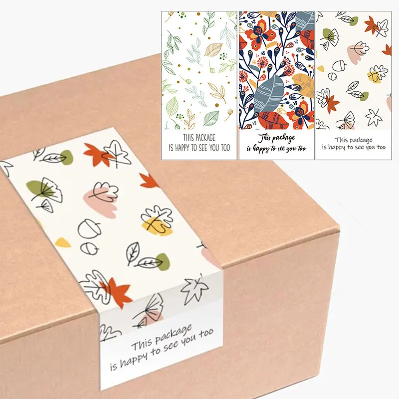 

50pcs Gift Box Package Seal Stickers Label Rectangle Leaf Pattern This package is happy to see you too Sticker Envelope Decor