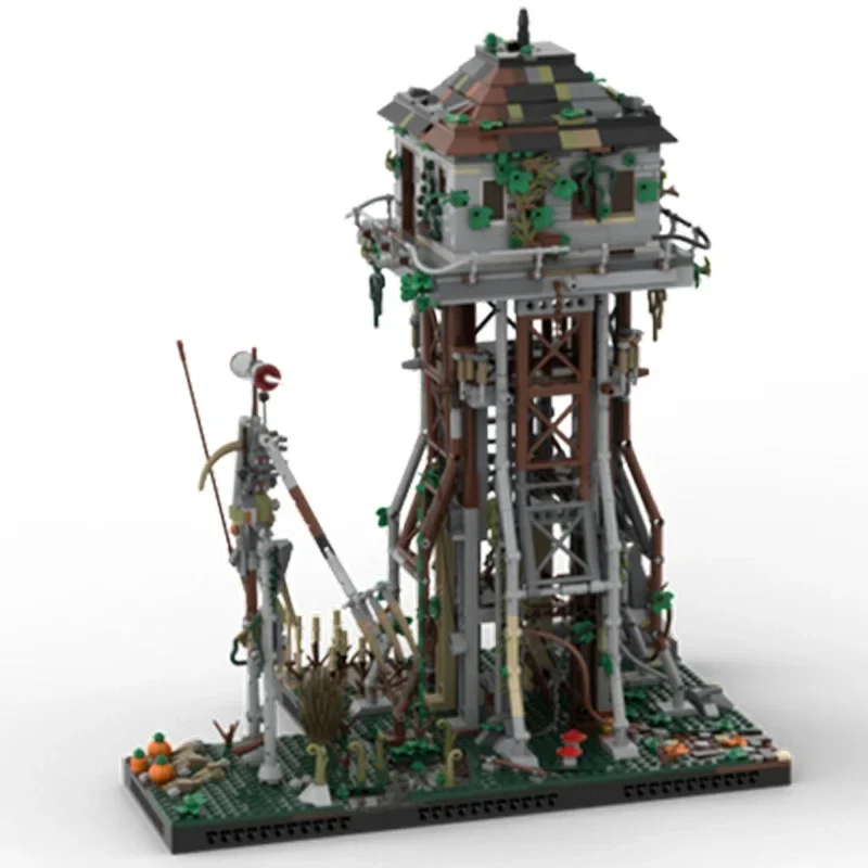 Фото Строительные блоки Moc, модульный вид на улицу, брошенная сторожевая башня, технические кирпичи, сборка своими руками, строительные игрушки для детей, праздник №3