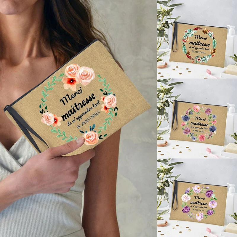 

Linen Series Flower Ring Women Wash Bag A Gift for Teacher on Teacher's Day Pencil Cases for Makeup Jewelry Organizer Aesthetics