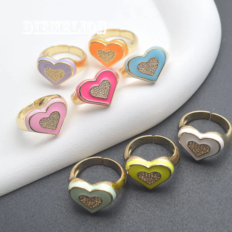 

10pcs/Lot Rainbow Enamel Dripping Oil Heart Rings for Women Copper Gold Color Cubic Zirconia Punk Rings Trendy Jewelry Gifts