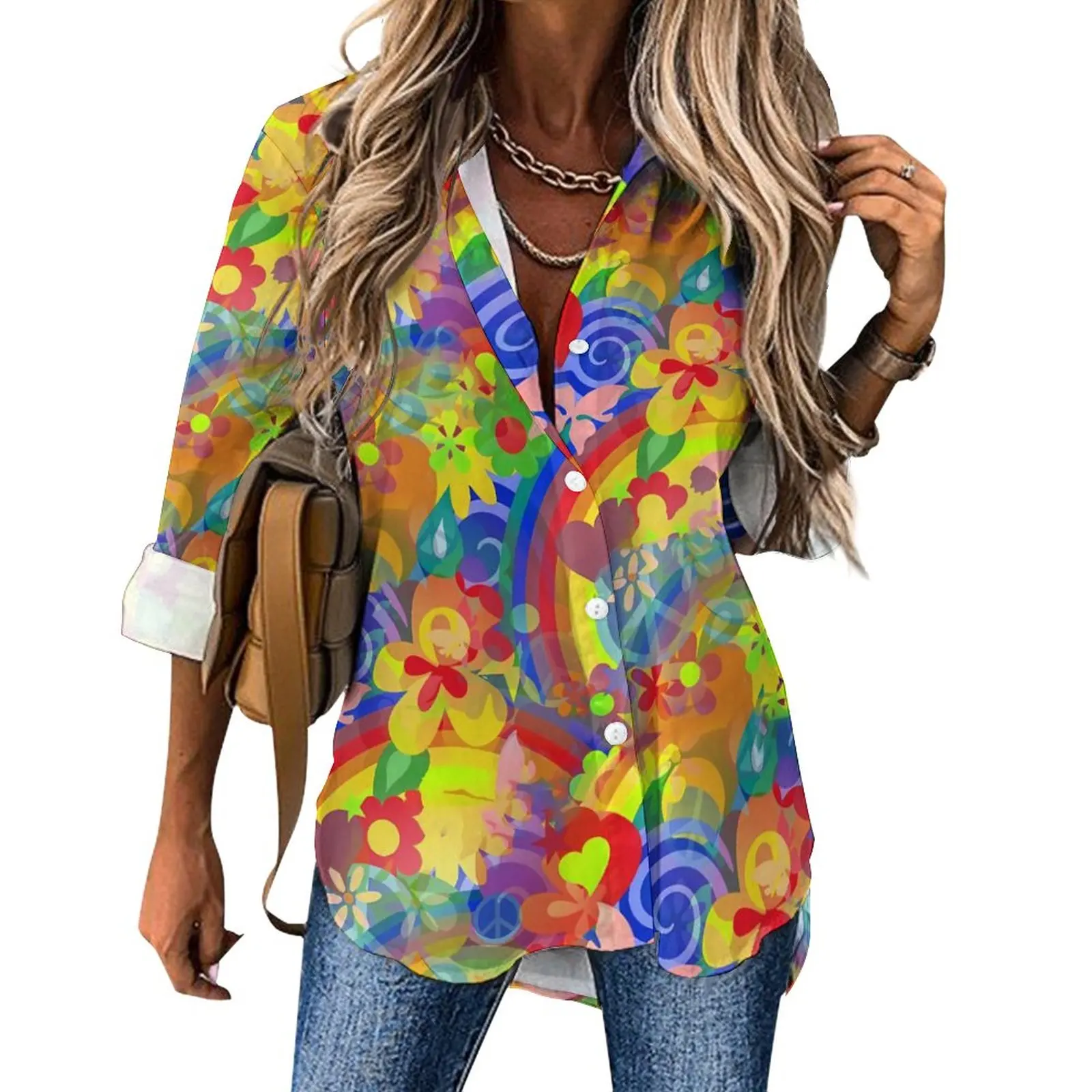 

Flower Power Casual Blouse Rainbow Print Vintage Graphic Blouses Female Long-Sleeve Street Fashion Shirts Autumn Oversize Tops