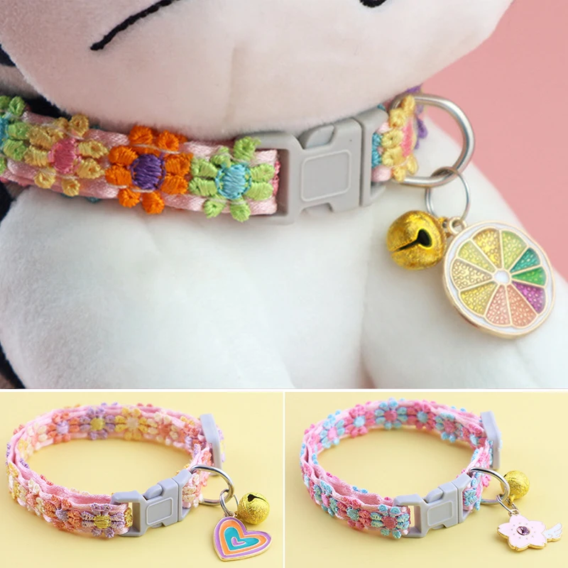 

Fashion Rainbow Cat Collar With Bell Kitten Puppy Necklace Adjustable Buckle Colorful Lace Flower Kitten Collar Dog Accessories