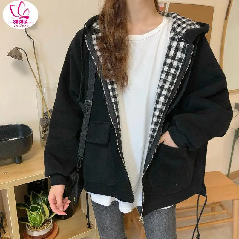 

Jackets Women Plaid Hooded Chic Daily Outwear Coats Casual Ins Loose Oversize 2XL Harajuku Teens Streetwear Bomber Jacket BF New