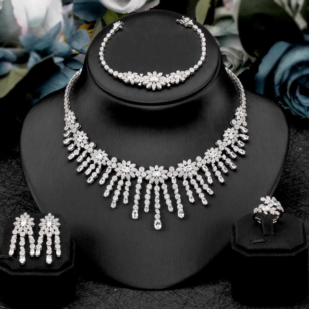 

Newly design 4PCS CZ Jewelry Set Exquisite Cubic Zircon Earrings Necklace Bracelet Ring For Women Wedding Party Accessories Gift
