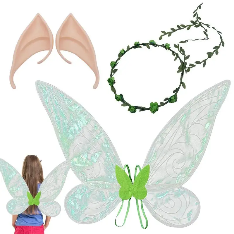 

Платье с волшебными крыльями, Гибкие Блестящие Крылья ангела с ушками эльфа и венком, костюм ангела на Хэллоуин, реквизит для фото, косплей