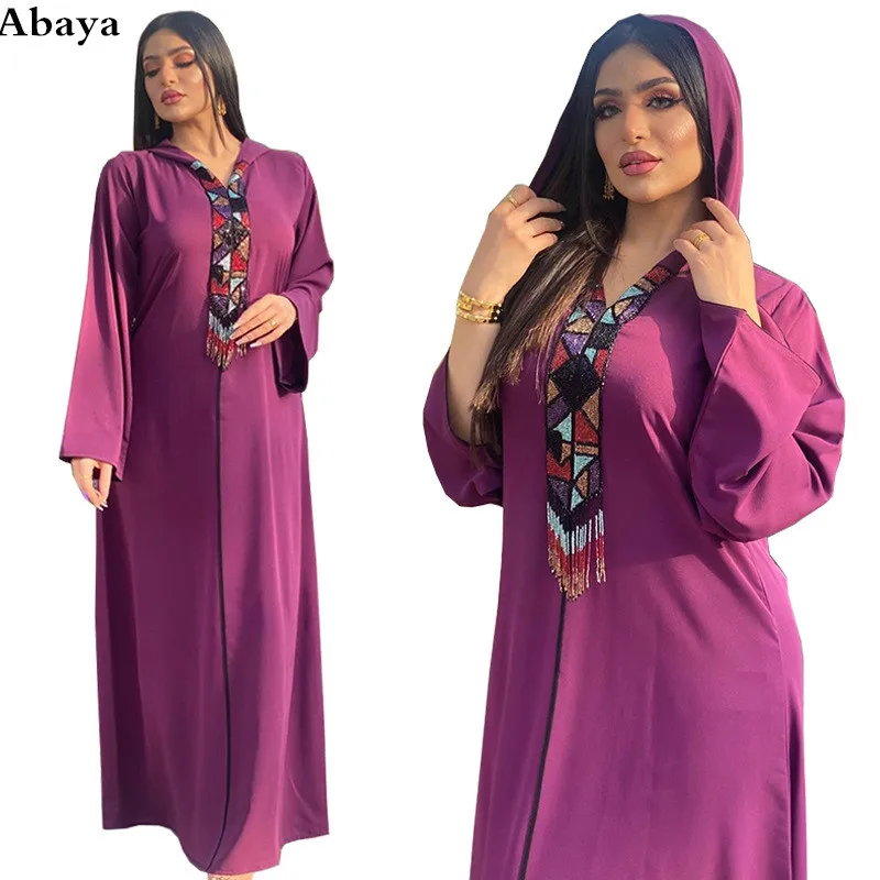 

Muslim Middle East Light Luxury HoodedJalabia Nation Saudi Women's Dubai Evening Dress Beaded Tassels Long Sleeves Abaya Robe