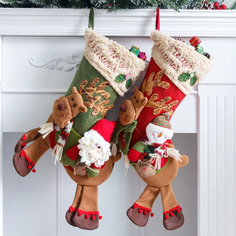 

Рождественские чулки с Санта-Клаусом, снеговиком, оленем для верховой езды, большие носки, детские рождественские подарки, держатели, рождественские украшения