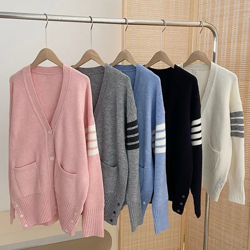 

High Quality Korean Style TB Wool Knit Fall 2023 New Long Sleeve V-Neck Cardigan Couple Fashion Loose Sweater Coat