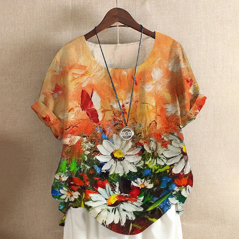 

2023 New Women's T-Shirt Summer 3d Flowers Print Tops Harajuku Short Sleeve Tees Street Oversized T-Shirts For Woman Clothing