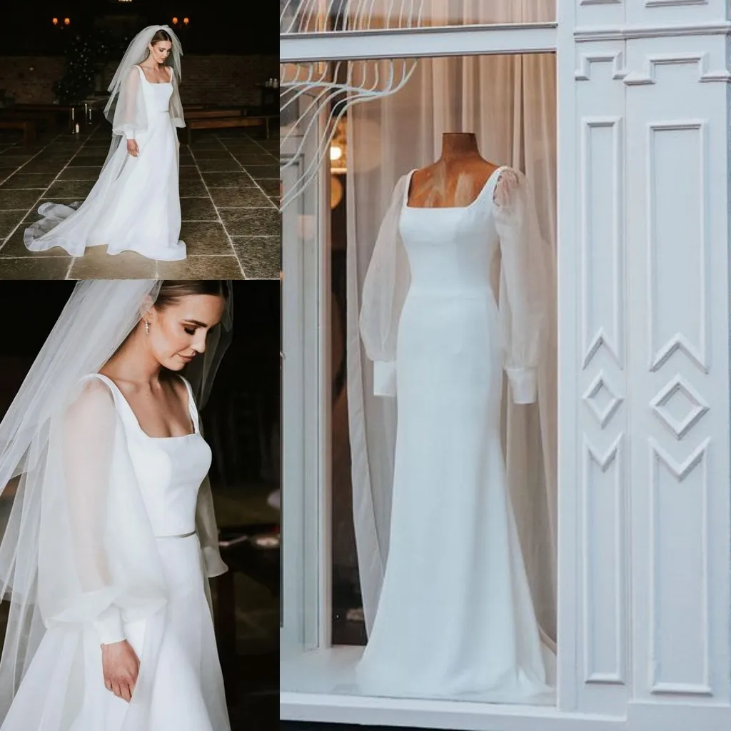 

Simple Crepe Modest Wedding Dresses Long Sleeve Square Neck Bohemian Country Mermaid Informal Modest Bridal Gowns