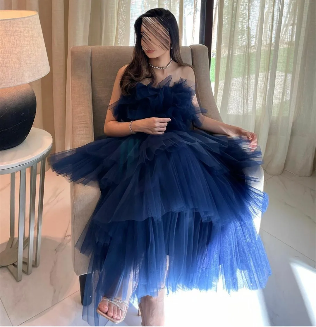

Elegant Navy Tulle Sleeveless Evening Dresses A-Line Pleated Prom Dress Ankle Length Zipper Formal Party Dress