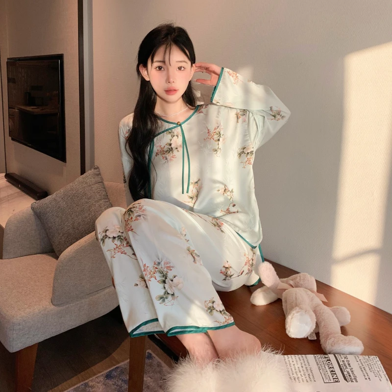 2023 Pajamas for Women's Summer Chinese National Style Sleepwear Suit Round Neck Disc Buckle Home Service Breathable Loungewear
