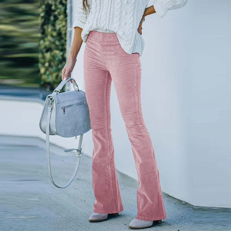 Vintage katı kadife alevlendi pantolon kadın moda ince yüksek bel pantolon güz kış bayanlar zarif sıska uzun pantolon Streetwear