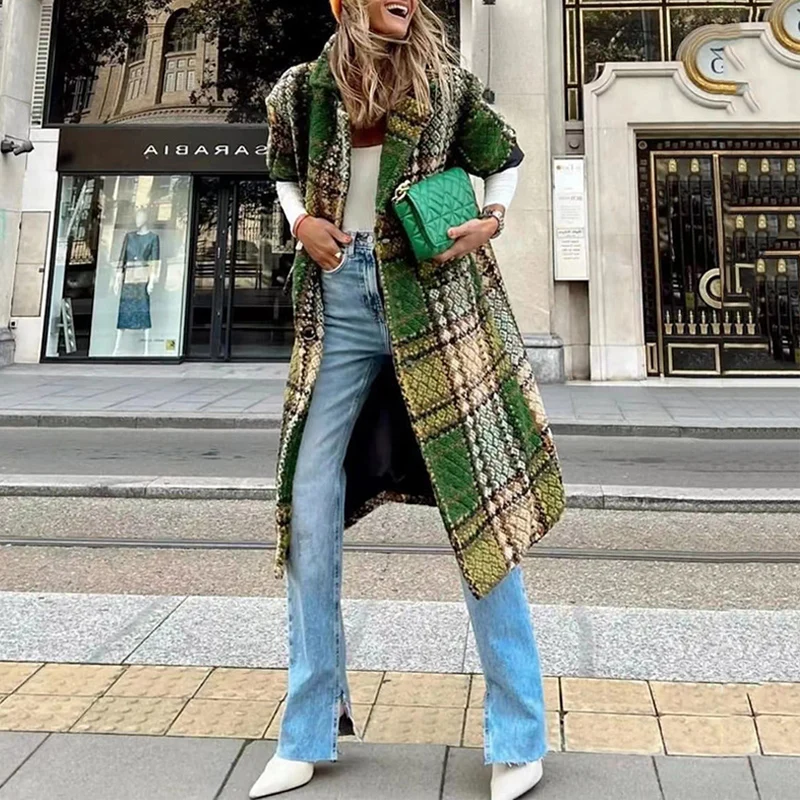 

Autumn Winter Women Casual Loose Long Overcoat Fashion Lapel Single Button Woolen Coat Vintage Pattern Print Long Sleeve Jacket