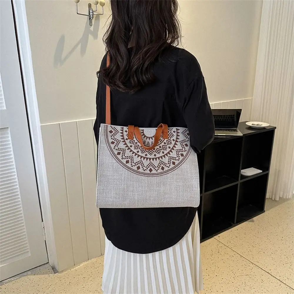Printed Canvas Tote Bag Elegant Japanese Style Flower Large Capacity Stripe Shopping