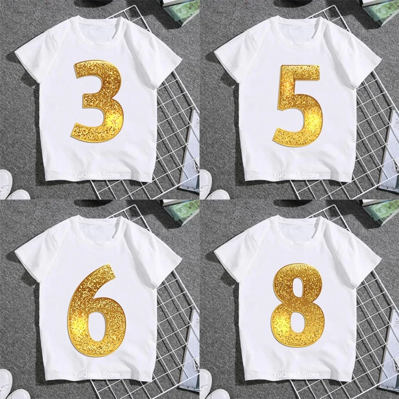 Golden Number Print Tshirt 2-9 Yrs Kids Birthday Clothes Chidren's T-shirt Boy Girl White Casual Streetwear Birthday Gift