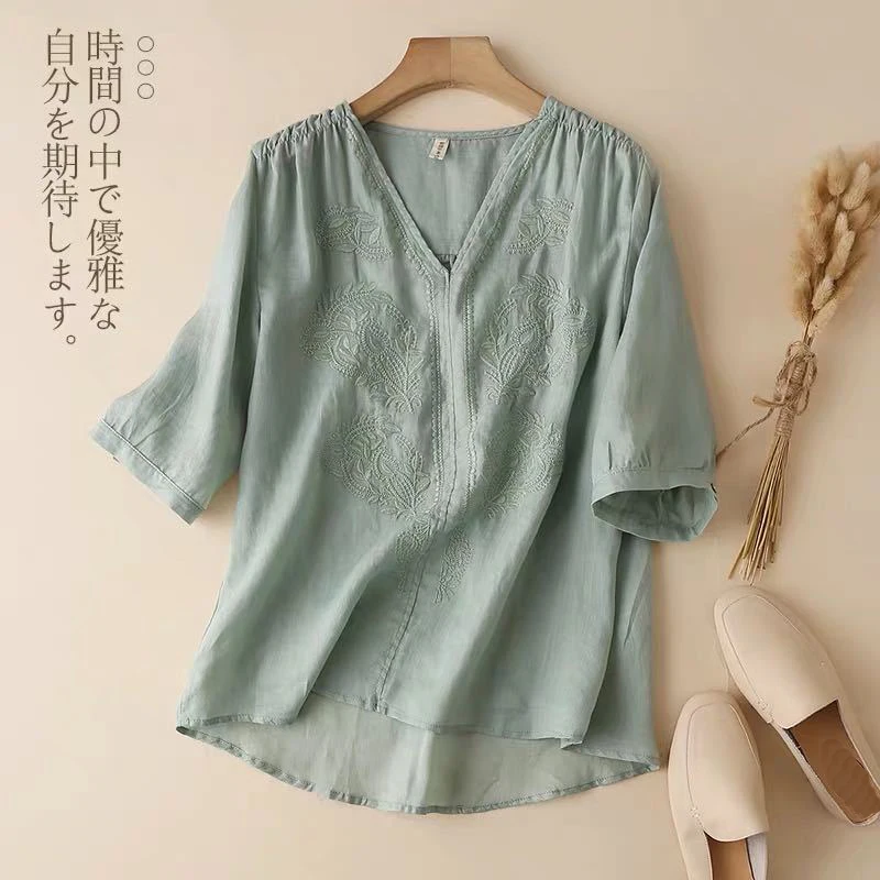 

Oversized Embroidery Shirt Women Summer Half Sleeve Tee Shirt Cotton Linen T-Shirt Loose V-Neck Summer Thin Tops