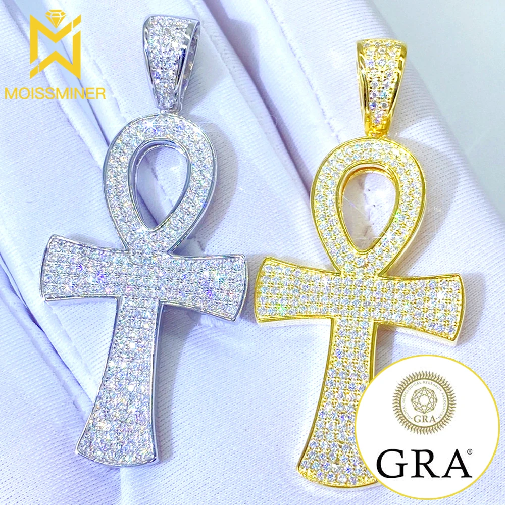 VVS1 Moissanite S925 Silver Round Ankh Cross Pendants Necklace Real Diamond Iced Out Necklaces For Men Women Jewelry With GRA
