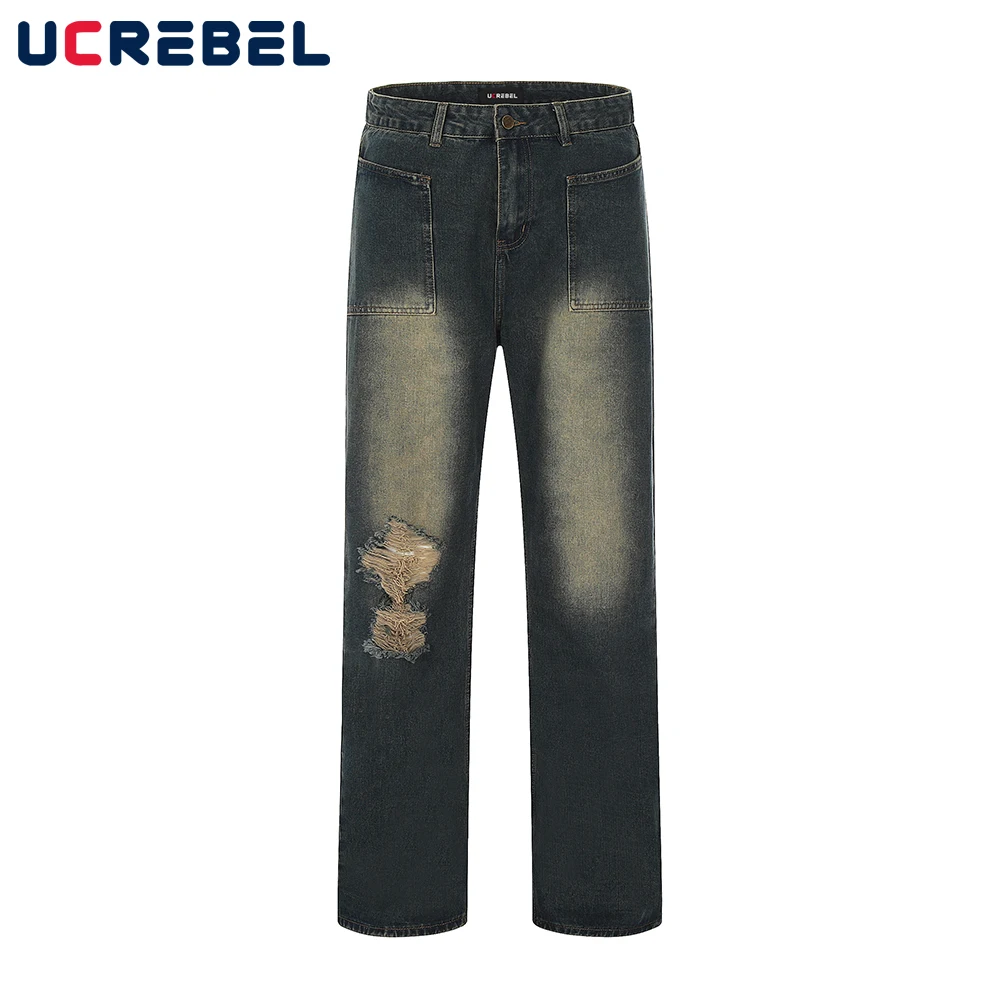 

Джинсы мужские рваные прямые в стиле ретро, свободные брюки из денима с эффектом потертости, в стиле High Street, весна-лето