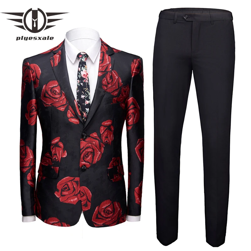 

Plyesxale Black Red Floral Suit Men High Quality Prom Suits For Men Slim Fit Mens Wedding Suits Latest Coat Pant Designs Q76