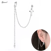 silver color cone drop cross earcuffs long chain piercing fake ear piercing chain jewelry helix clip ear cuff tassel earrings