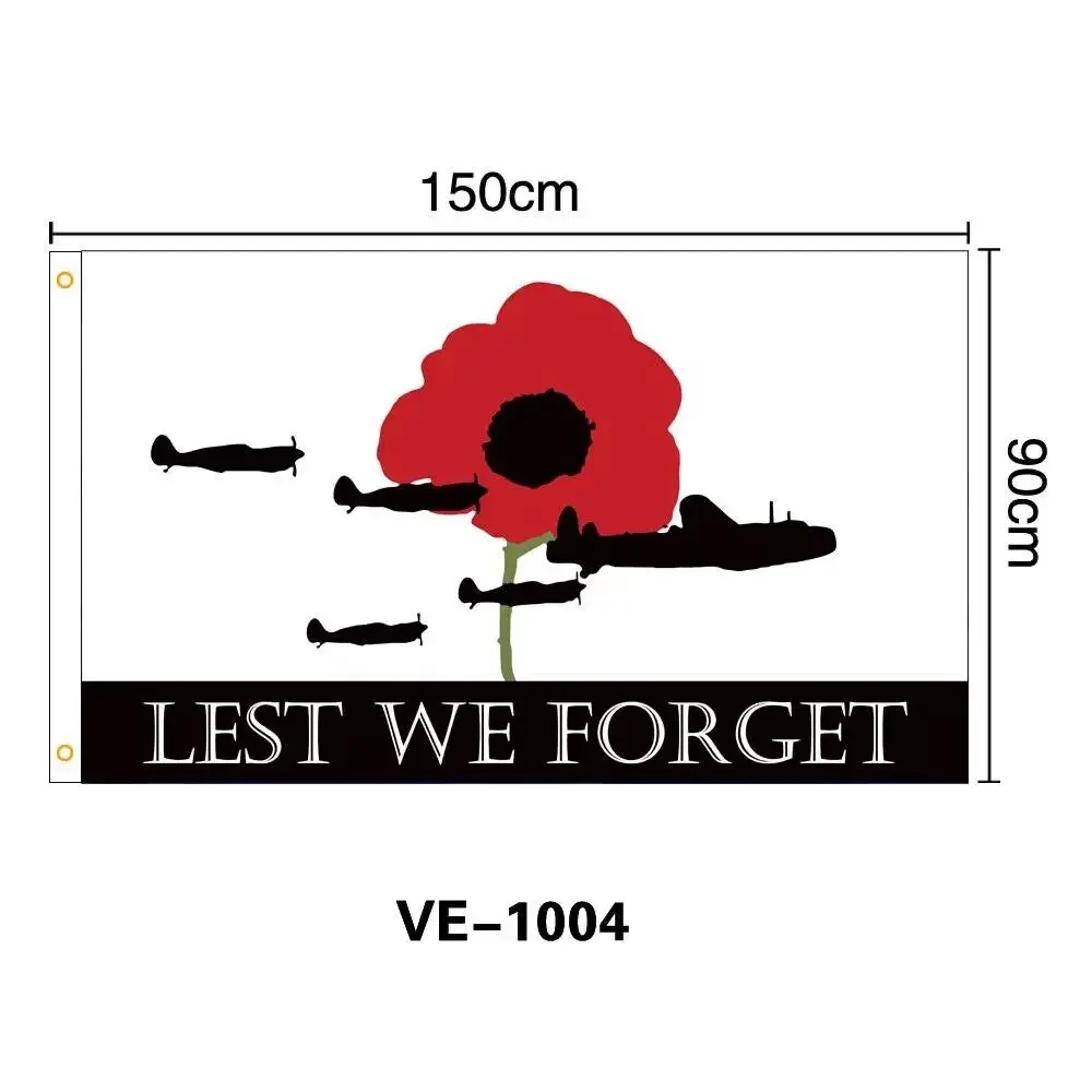 

LEST WE FORGET Banner Metal Holes Grommets Remembrance Day Poppy Flag 3x5 Feet