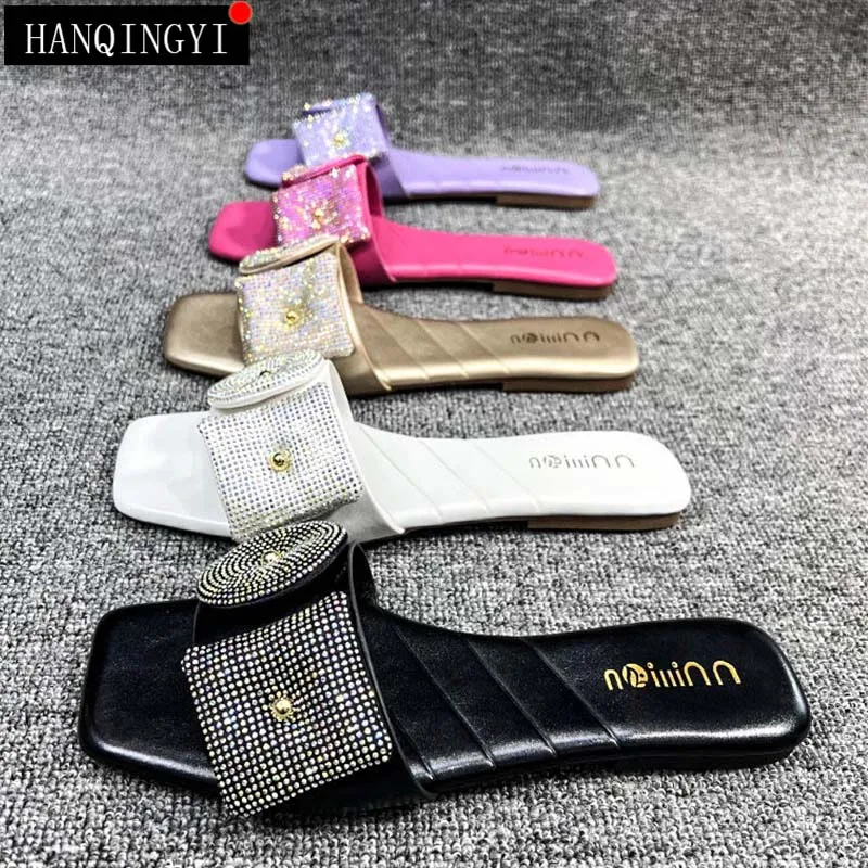 Big Size Women Slippers Female Shoes Flip Flops 2023 Summer Casual Slides Black Ladies Outside Square Toe Rhinestones Footwear