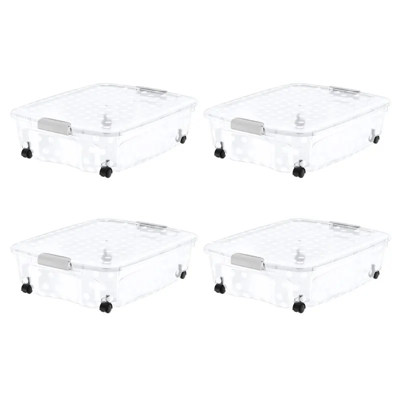 

36.5 Quart Underbed Clear Polka Dot Plastic Latching Lid Tote with 360 Degree Swivel Wheels Set of 4