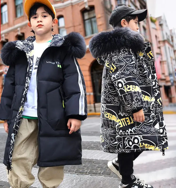 2022 Winter Boys Two Way Wear Fur Hooded Down Jacket Baby Kids Children Thick Warm Coat Outerwear 120-170cm