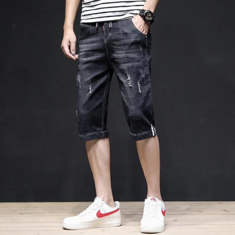 

Summer thin 2022 stretch cropped jeans men's shorts Korean leisure brand teenagers cowboy overalls breeches calf-length pants