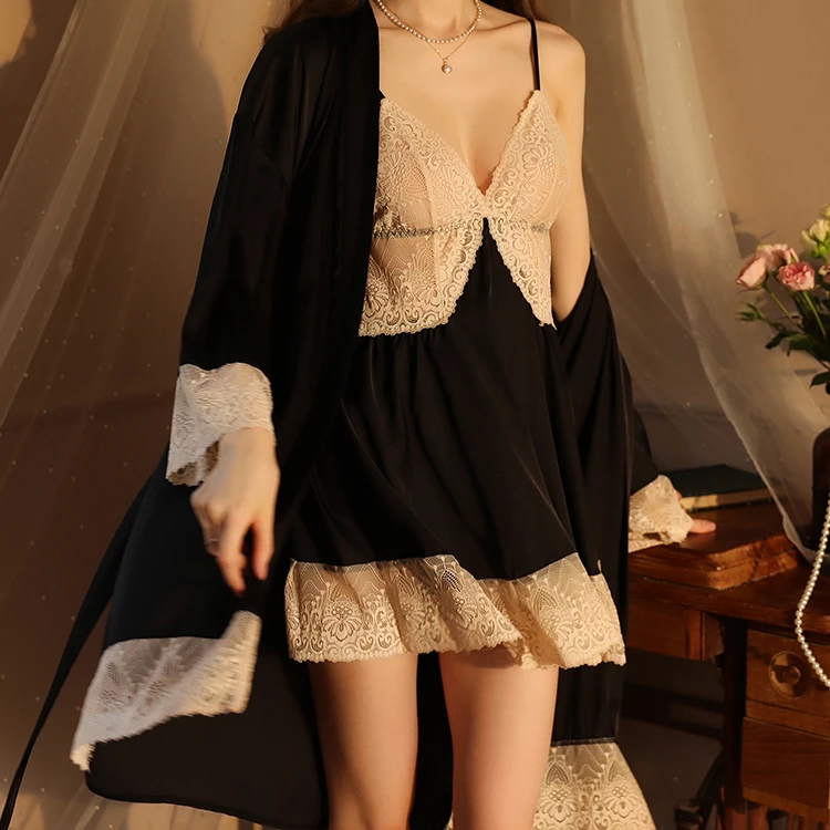 

V-Neck Chemise Nightgown Suit Sexy Bathrobe&Strap Sleepdress Lace Patchwork Sleepwear Summer Perspective Kimono Robe Gown