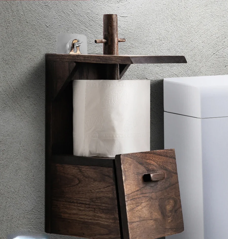 

Solid Wood Retro Bathroom Creative Roll Stand Tissue Rack Kitchen Wooden Roll Stand