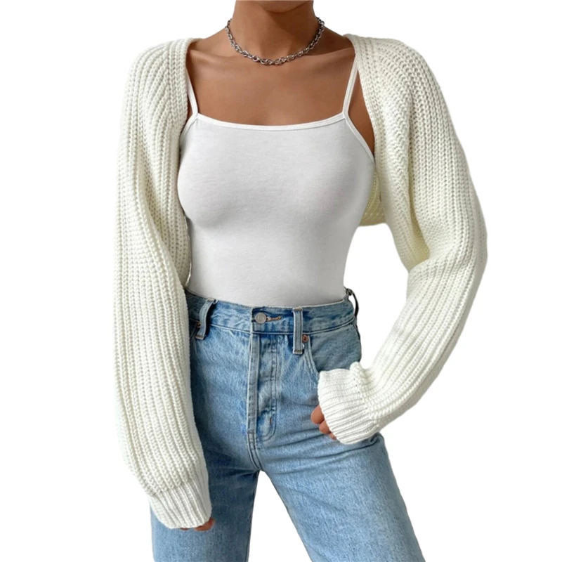 

Cropped Shrug Cardigans Tops Sweater Women y2k Knitwear Solid Color Long Sleeve Open Front Ribbed Knitted Jumpers Streetwear