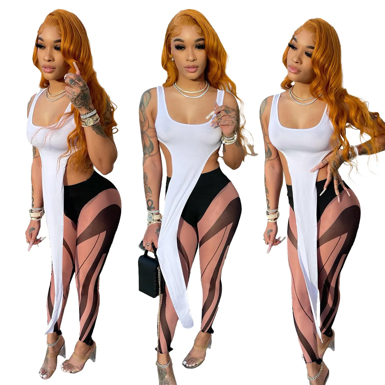 

Summer Fashionable Lady White T Shirt Asymmetric U Neck Sleeveless Long Front Short Back Sexy Women Casual Tees Nightclub Tops