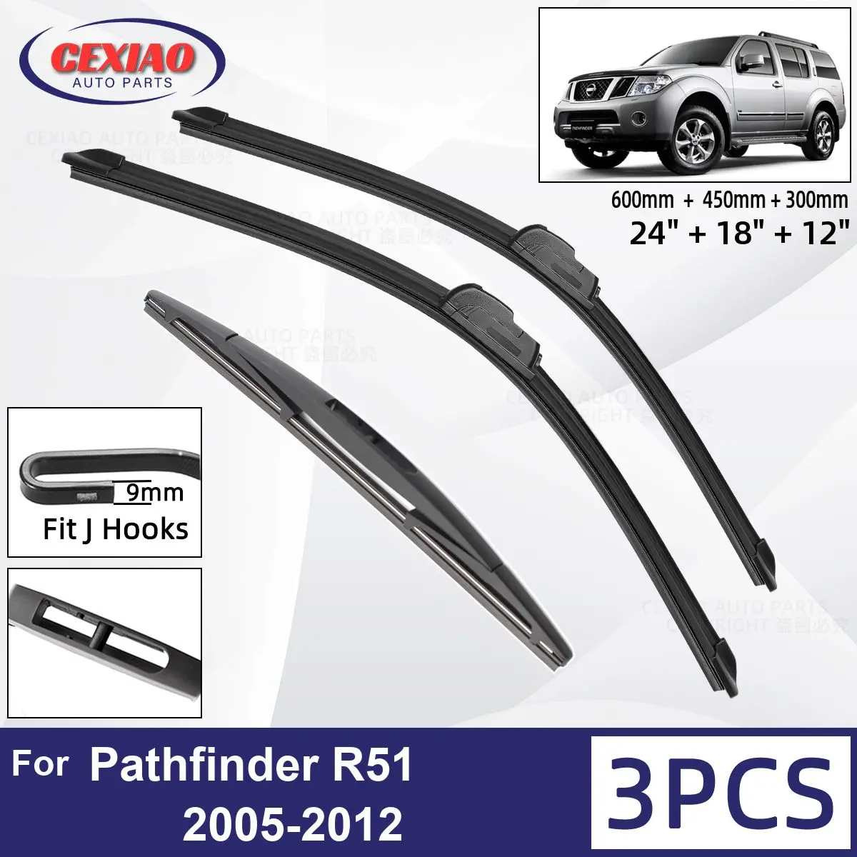 

For Nissan Pathfinder R51 2005-2012 Car Front Rear Wiper Blades Soft Rubber Windscreen Wipers Auto Windshield 24"18"12"2010 2011