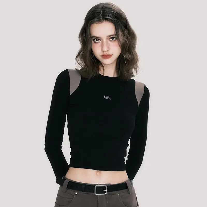 

Deeptown Y2k Gothic Patchwork Black Crop T-shirts Women American Retro Long Sleeve Tops Korean Fashion Copuette Slim Corset Tee