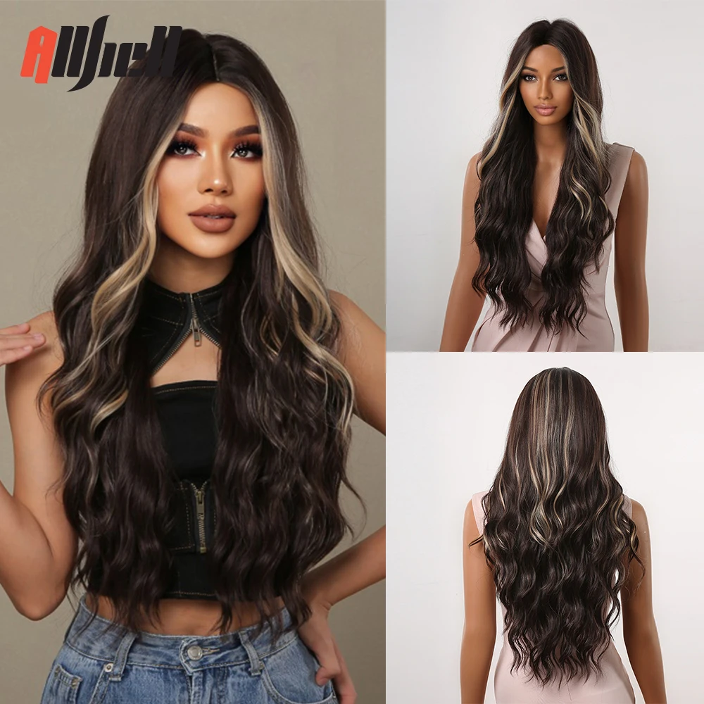 

Synthetic Wigs Long Wavy Dark Brown with Highlight Natural Hair Wig Middle Part for Black Women Heat Resistant Cosplay Wigs
