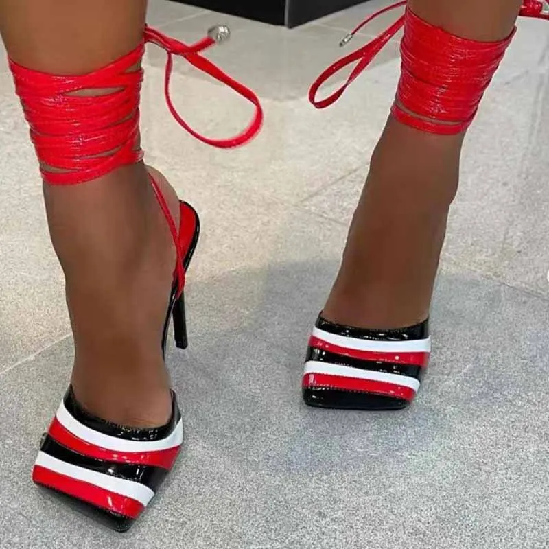 

Туфли-лодочки женские, пикантные сандалии на высоком каблуке, в полоску вечерние модная вечерняя Обувь на тонком каблуке, сланцы, 2022
