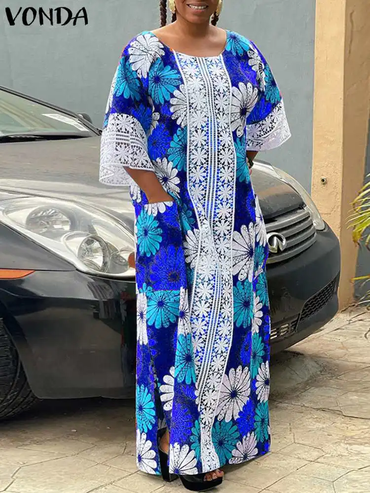 

Sexy Patchwork Floral Printed Maxi Dress VONDA 2022 Women Fashion Robe Femme 3/4 Sleeve Party Pleated Dress Holiday Vestidos
