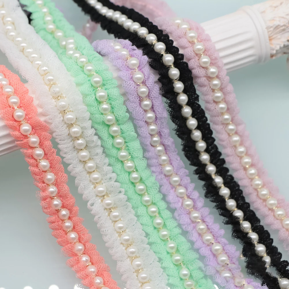 

Pearl Flower Beaded Lace Trim With Pleated Organza Ribbon Perfect For Clothing Wedding Dresses Hair Accessories And Diy Crafts