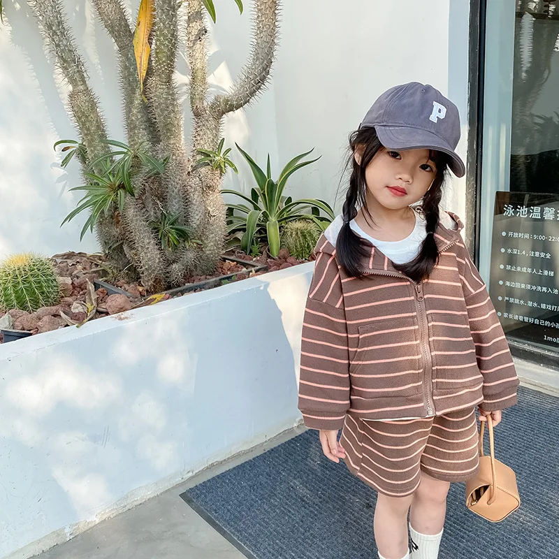 

2022 Spring Children's Sets Hooded Korean Stripe Toddler Girl Clothes Boys Shorts Two Piece Set Baby Girls Outfits Kids Clothing