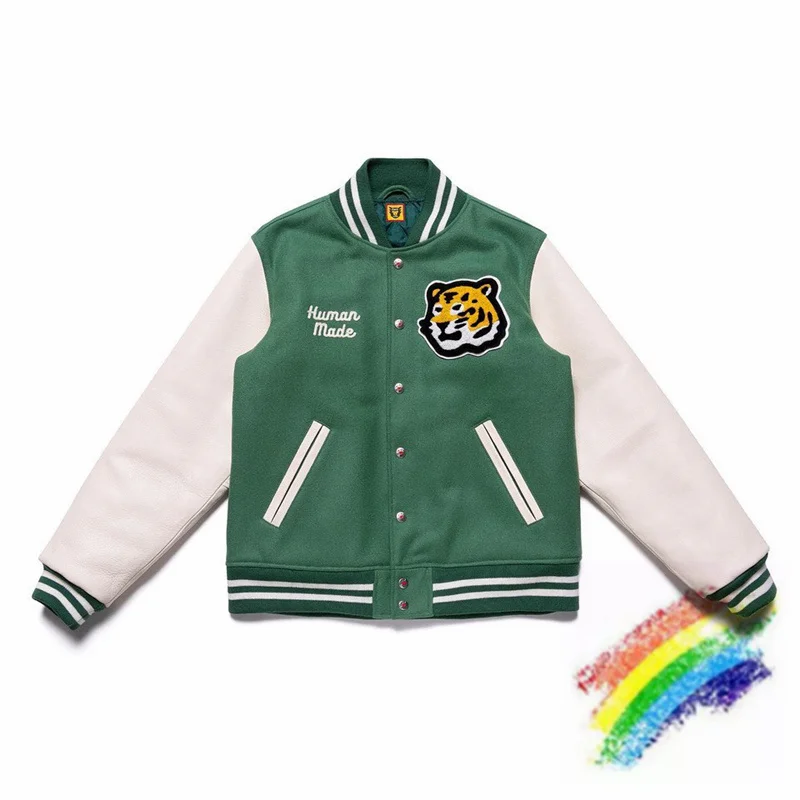 

Green Patchwork Human Made Girls Don’t Cry Varsity Baseball Jacket Men Women Tiger Pattern Leather Sleeve Coat