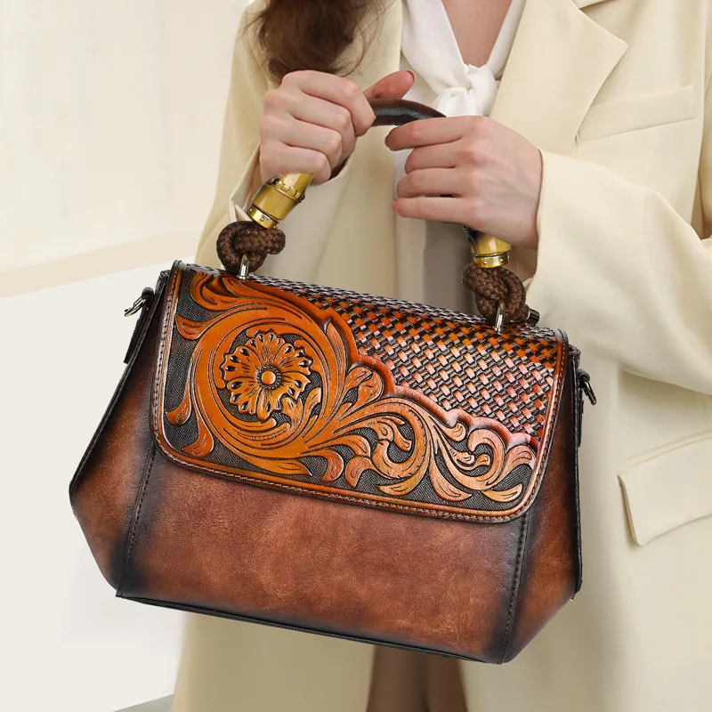 

Handmade Vintage Women Bag Floral Ladies Leather Handbags Chinese Style Fashion Top Handle Tote or Shoulder Bag