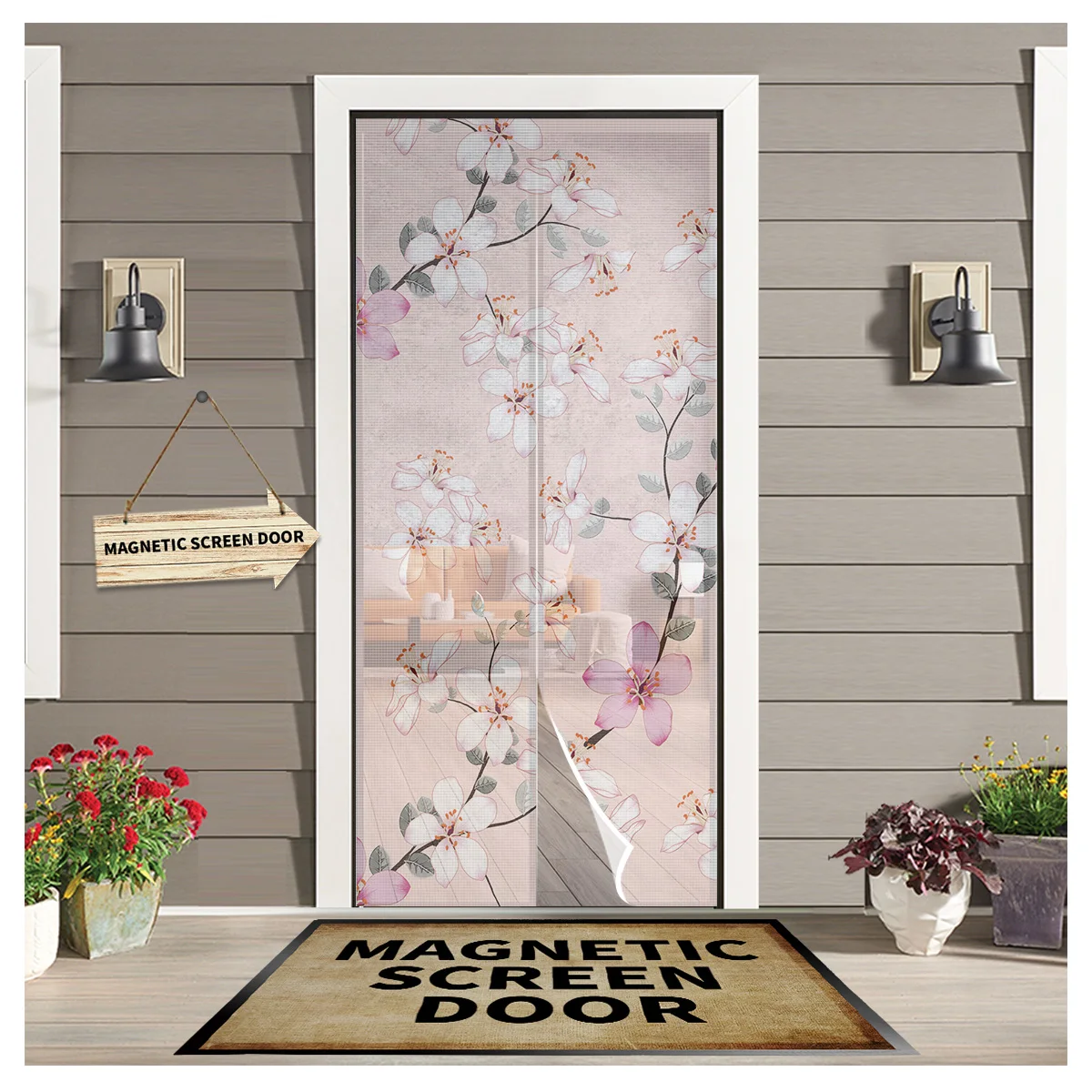

Pink Flower Peach Blossom In Spring Curtain Anti Mosquito Insect Curtains Magnetic Net Mesh Door Screen Kitchen Curtain