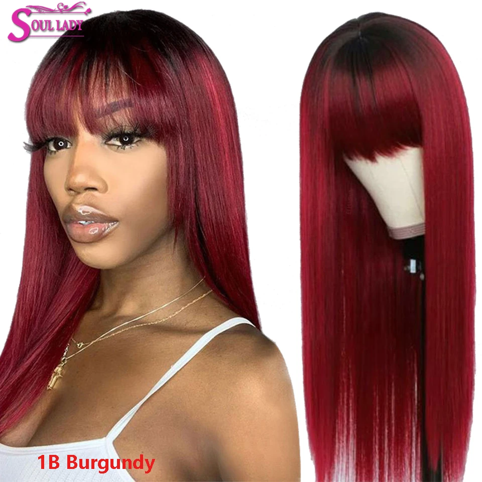 

Straight Human Hair Wigs With Bangs Highlight Wig Human Hair Ombre 1B 27 30 99J Burgundy Full Machine Made Wig Brazilian 613Hair