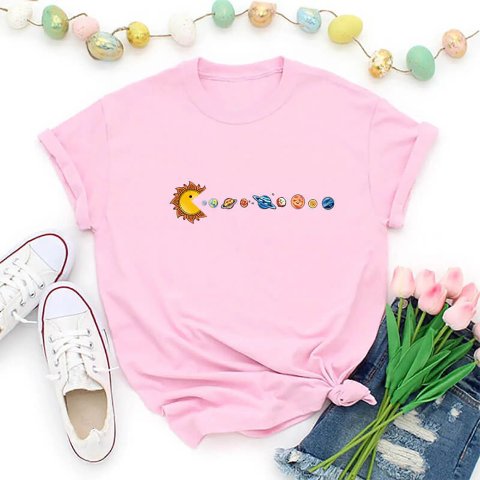 

Women Summer Planet print Short Sleeve Shirt Casual Hedging Tops Blouse Trendy Ladies Tops Baseball Tee