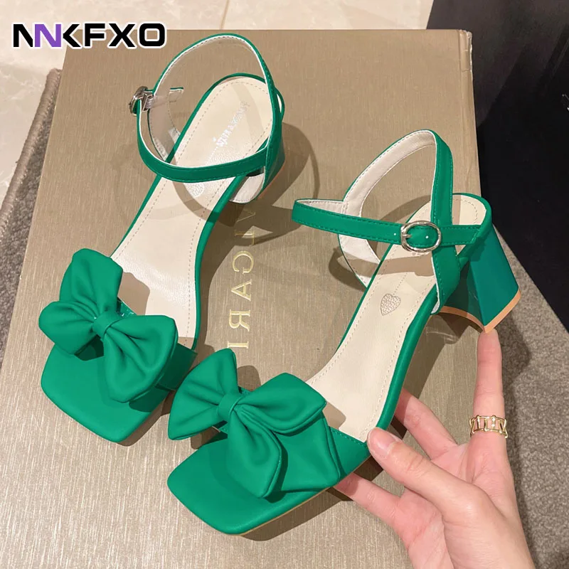 

2022 New Fashion Summer Solid Sandals High Chunky Heels Open Toe Big Size Butterfly Knot Elegant weddingParty Women Shoes vc3757