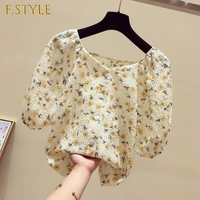 slash neck printed floral chiffon women shirts summer new 2021 sweet style puff sleeved loose elegant office lady outwear tops